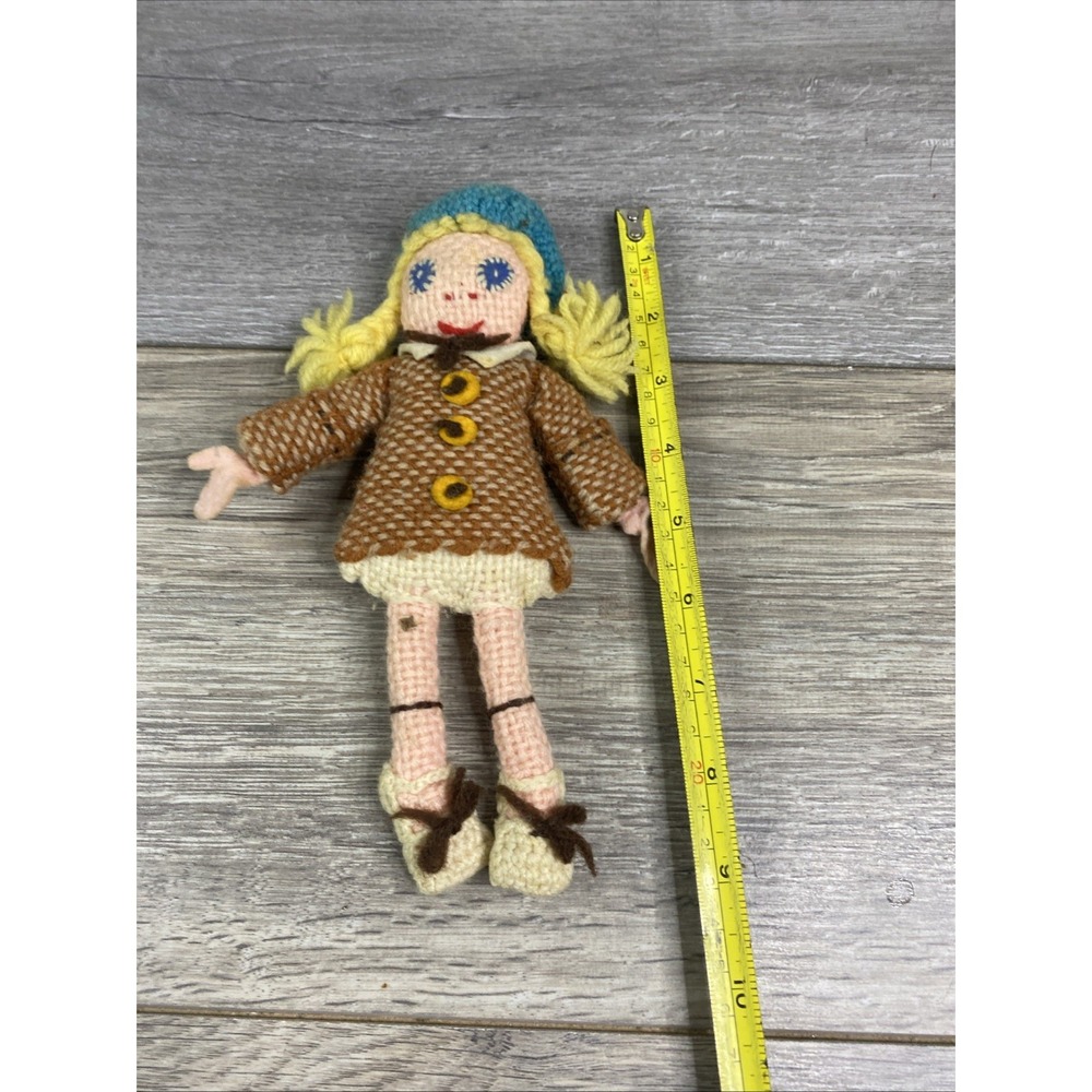 Unbranded Vintage Crochet Doll Girl Small Brown Blue Good Handmade Folk Art Toy - Picture 10 of 10